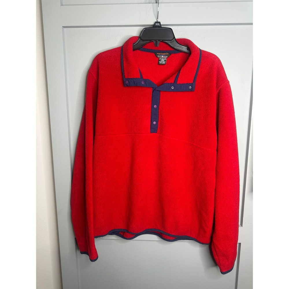 Vintage LL Bean Men's Polartec Fleece Pullover Red Navy Trim Snap Size Large